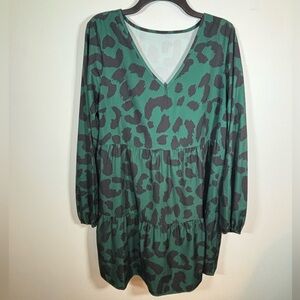SHEIN Green Leopard Print Tiered Long Sleeve V Neck Dress Size L